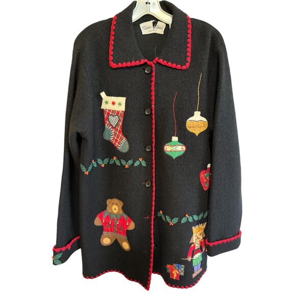 Vtg Sharon Young Black Wool Christmas Cardigan Santa Bear Button Down Hong Kong - Picture 2 of 15